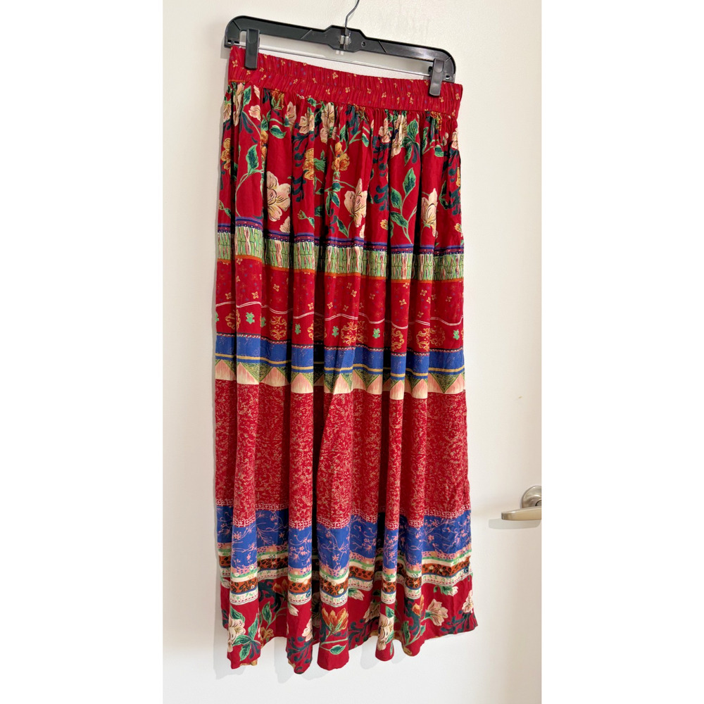 Vintage Red Blue Floral Maxi Skirt Womens large Boho Striped Rayon Cottagecore - Picture 2 of 9
